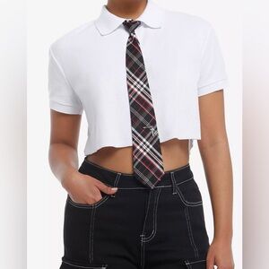 NWT SOCIAL COLLISION White Crop Polo w/ Tie Juniors L *HOT TOPIC*